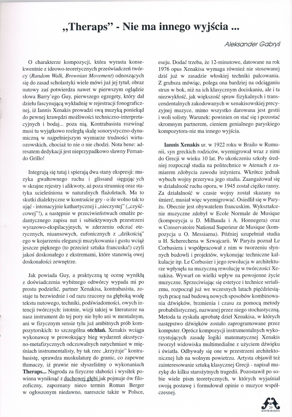 Scan de l’article d’Aleksander Gabryś « “Theraps” – Nie ma innego wyjścia… », publié dans Kontrabasista en 1998.