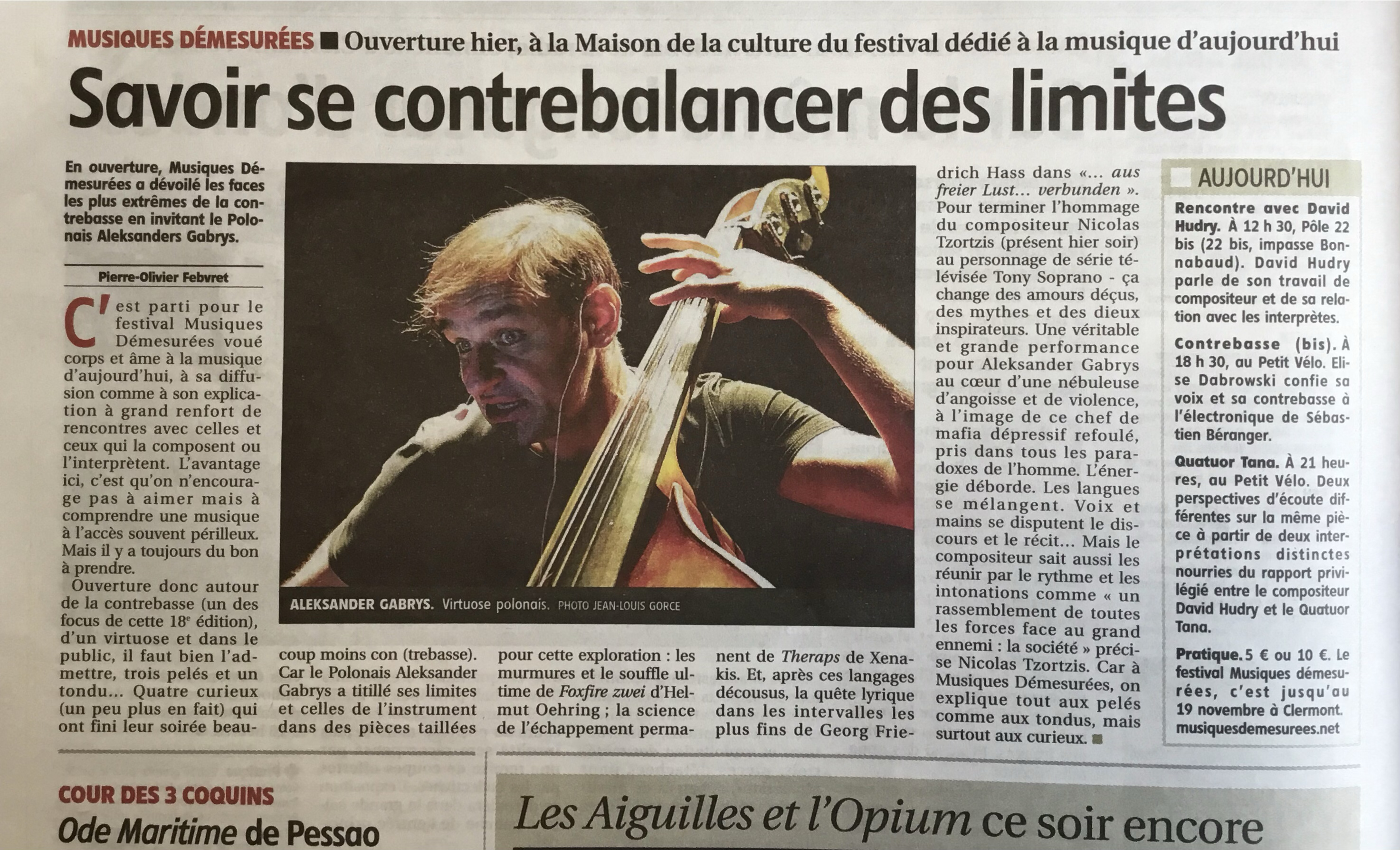Scan de la critique de Pierre-Olivier Febvret « Savoir se contrebalancer des limites », publiée dans La Montagne le 4 novembre 2016.