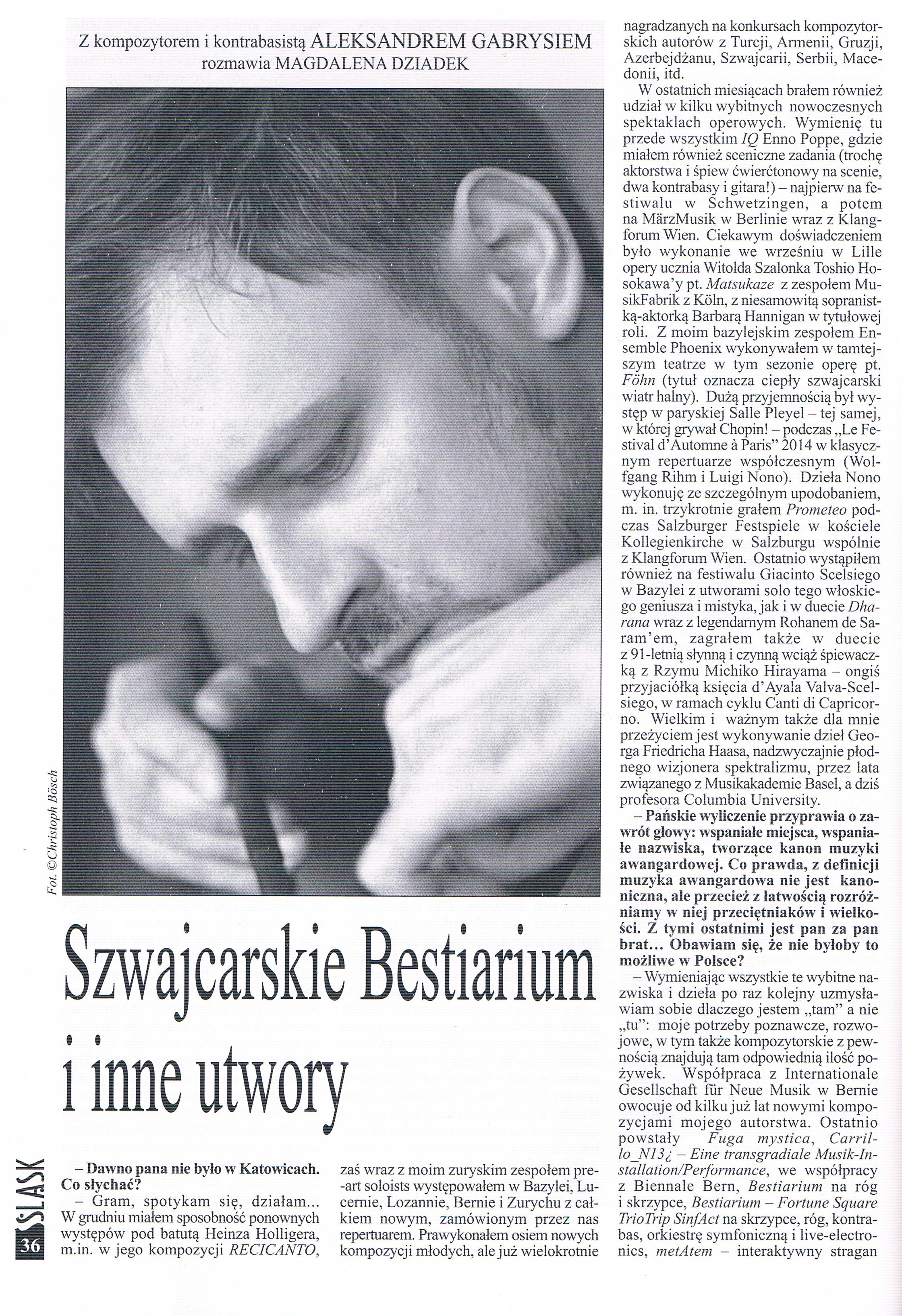 Scan de la page 36 de la revue Śląsk no 2 (231), avec l’entretien « Szwajcarskie Bestiarium i inne utwory ».