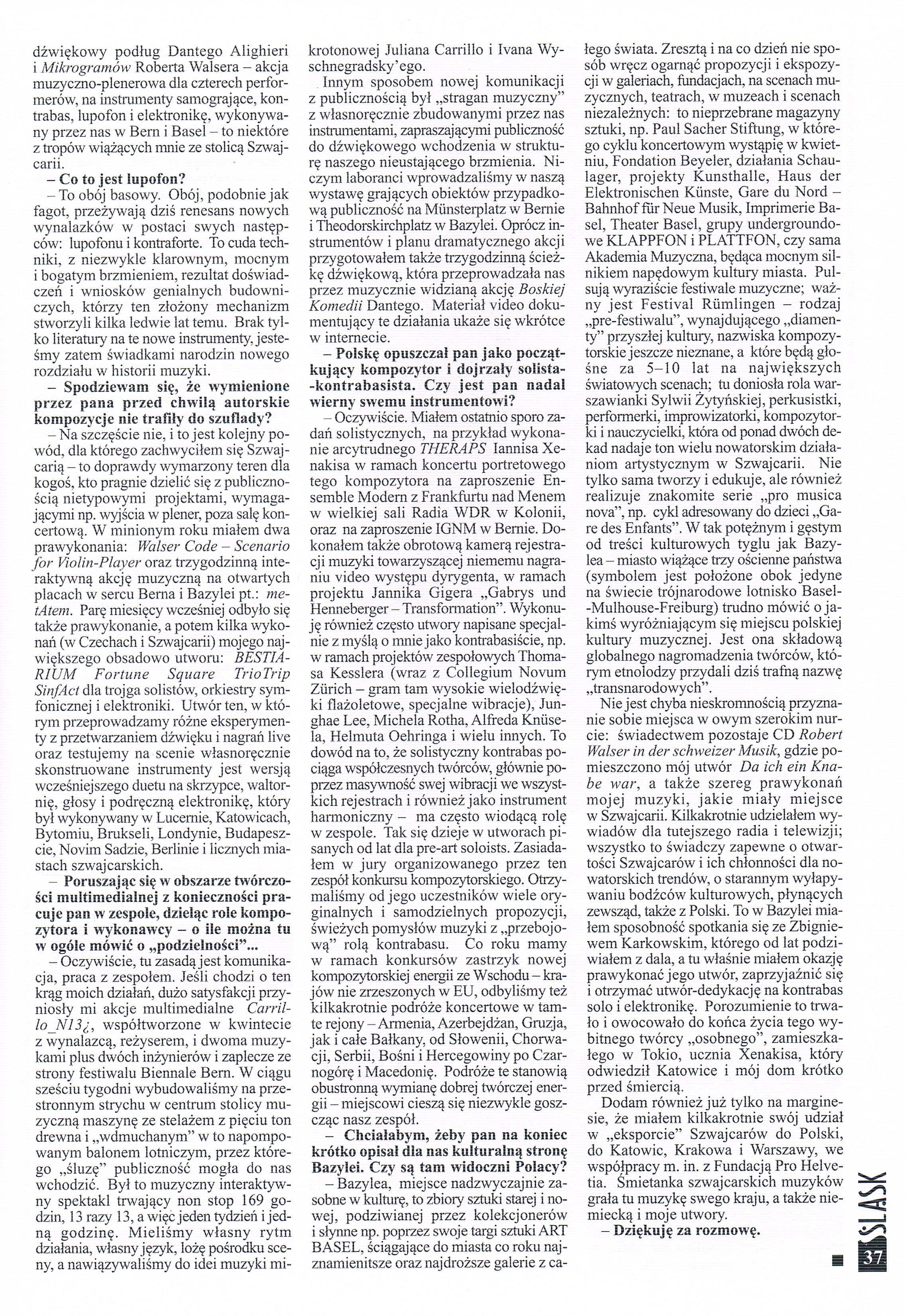 Scan de la page 37 de la revue Śląsk no 2 (231), avec l’entretien « Szwajcarskie Bestiarium i inne utwory ».