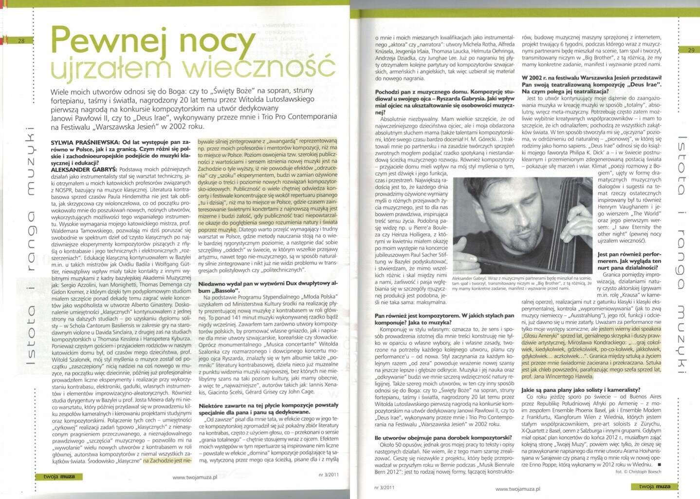 Double page de l’entretien « Pewnej nocy ujrzałem wieczność » dans la revue Twoja Muza.