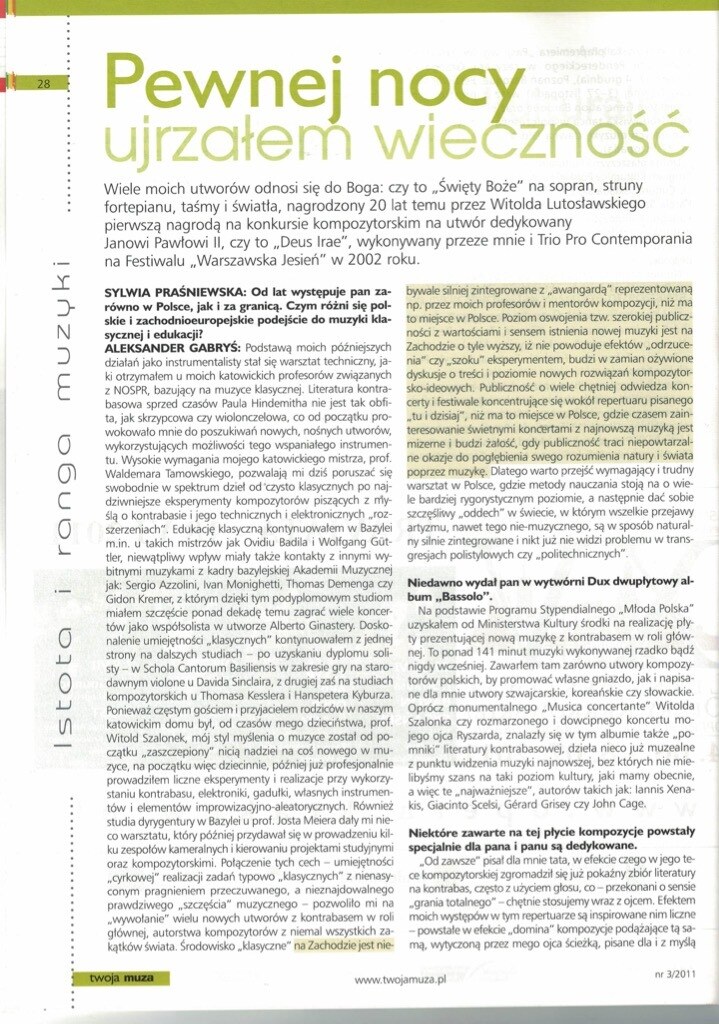 Première page de l’entretien « Pewnej nocy ujrzałem wieczność » dans Twoja Muza.