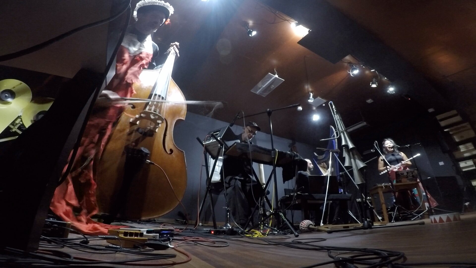 Low, wide-angle view of the KATÁBASIS performers, with the double bass in the foreground and the flute on the right.